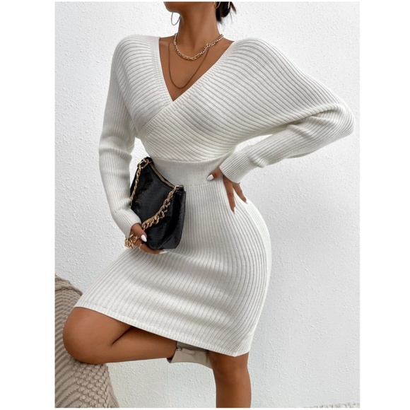 White Off Shoulder V-Neck Rib Knit Sweater Mini Short Dress Long Sleeve - Picture 5 of 9